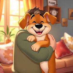 A warm and colorful Disney-style illustration of a happy dog being hugged by a loving person in a cozy home environment