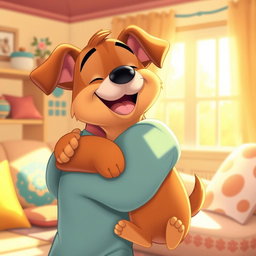 A warm and colorful Disney-style illustration of a happy dog being hugged by a loving person in a cozy home environment