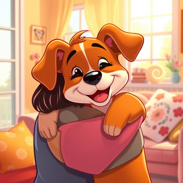 A warm and colorful Disney-style illustration of a happy dog being hugged by a loving person in a cozy home environment