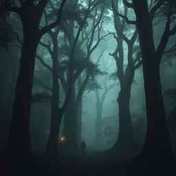 A mysterious dense forest called Tapasvi Van with towering ancient trees, enveloped in ethereal mist