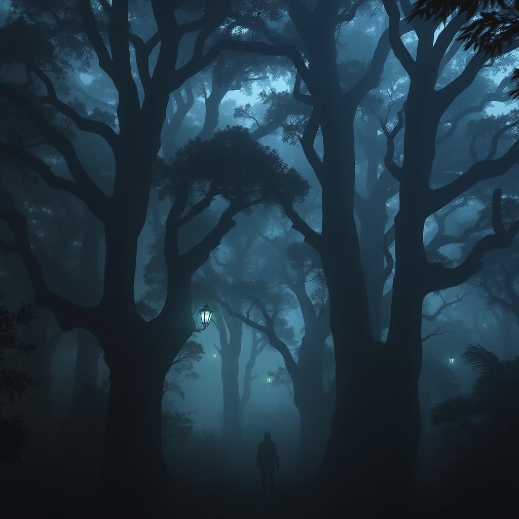 A mysterious dense forest called Tapasvi Van with towering ancient trees, enveloped in ethereal mist