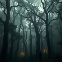 A mysterious dense forest called Tapasvi Van with towering ancient trees, enveloped in ethereal mist