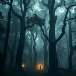 A mysterious dense forest called Tapasvi Van with towering ancient trees, enveloped in ethereal mist