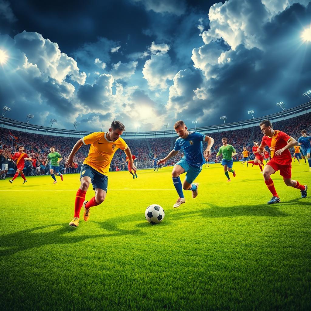 A vibrant and dynamic football wallpaper that features an intense match taking place under stadium lights, with players in action wearing bright, colorful jerseys and kicking a glossy football on a lush green pitch
