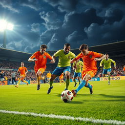 A vibrant and dynamic football wallpaper that features an intense match taking place under stadium lights, with players in action wearing bright, colorful jerseys and kicking a glossy football on a lush green pitch