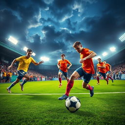 A vibrant and dynamic football wallpaper that features an intense match taking place under stadium lights, with players in action wearing bright, colorful jerseys and kicking a glossy football on a lush green pitch