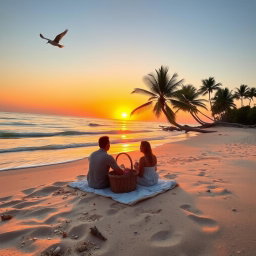 A serene and tranquil beach scene with soft waves gently lapping against the shore, a vibrant sunset casting a warm glow over the horizon, and a silhouette of a lone seagull soaring in the sky