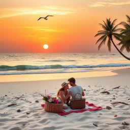 A serene and tranquil beach scene with soft waves gently lapping against the shore, a vibrant sunset casting a warm glow over the horizon, and a silhouette of a lone seagull soaring in the sky