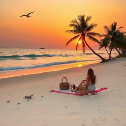 A serene and tranquil beach scene with soft waves gently lapping against the shore, a vibrant sunset casting a warm glow over the horizon, and a silhouette of a lone seagull soaring in the sky