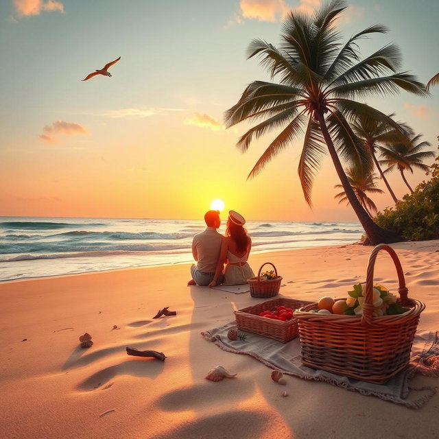 A serene and tranquil beach scene with soft waves gently lapping against the shore, a vibrant sunset casting a warm glow over the horizon, and a silhouette of a lone seagull soaring in the sky