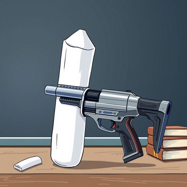 A creative illustration of a chalk piece that is split in half, with one half transformed into a futuristic-looking gun