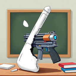 A creative illustration of a chalk piece that is split in half, with one half transformed into a futuristic-looking gun