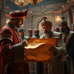 A royal messenger presenting a mysterious scroll to Maharaja Vikram Singh in the grand palace hall