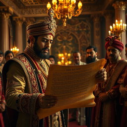 A royal messenger presenting a mysterious scroll to Maharaja Vikram Singh in the grand palace hall