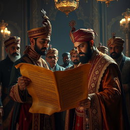 A royal messenger presenting a mysterious scroll to Maharaja Vikram Singh in the grand palace hall