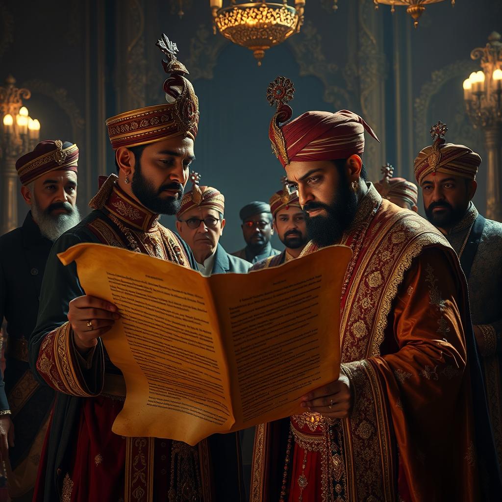 A royal messenger presenting a mysterious scroll to Maharaja Vikram Singh in the grand palace hall