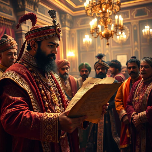 A royal messenger presenting a mysterious scroll to Maharaja Vikram Singh in the grand palace hall