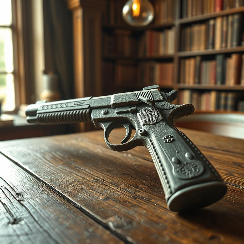 A detailed and realistic depiction of a chalk model gun, showcasing its intricate textures and features, placed on a rustic wooden table