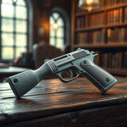 A detailed and realistic depiction of a chalk model gun, showcasing its intricate textures and features, placed on a rustic wooden table