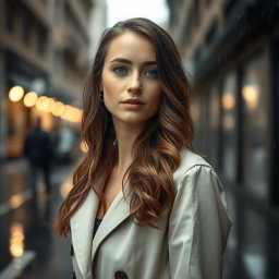 A portrait of a woman named Sophie, standing in the rain with a soft, contemplative expression