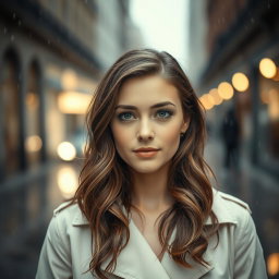A portrait of a woman named Sophie, standing in the rain with a soft, contemplative expression