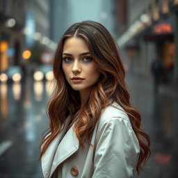 A portrait of a woman named Sophie, standing in the rain with a soft, contemplative expression