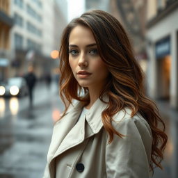A portrait of a woman named Sophie, standing in the rain with a soft, contemplative expression