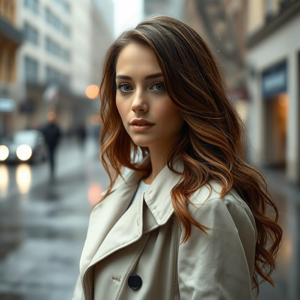 A portrait of a woman named Sophie, standing in the rain with a soft, contemplative expression