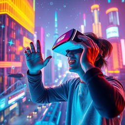 A futuristic scene of a person immersed in a vibrant virtual reality environment