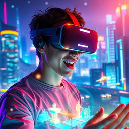 A futuristic scene of a person immersed in a vibrant virtual reality environment