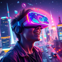 A futuristic scene of a person immersed in a vibrant virtual reality environment