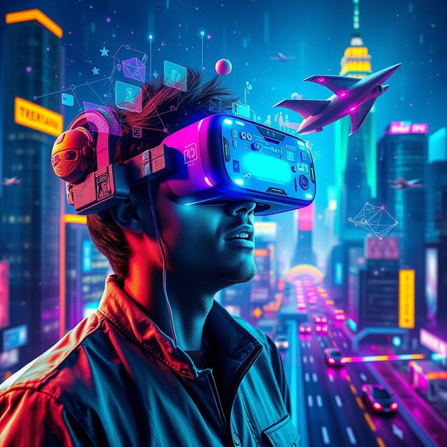 A futuristic scene of a person immersed in a vibrant virtual reality environment