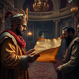 A royal messenger presenting a mysterious scroll to Maharaja Vikram Singh in a grand palace hall