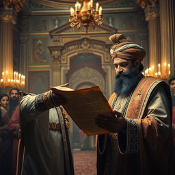 A royal messenger presenting a mysterious scroll to Maharaja Vikram Singh in a grand palace hall