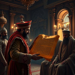 A royal messenger presenting a mysterious scroll to Maharaja Vikram Singh in a grand palace hall