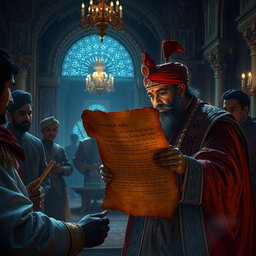 A royal messenger presenting a mysterious scroll to Maharaja Vikram Singh in a grand palace hall
