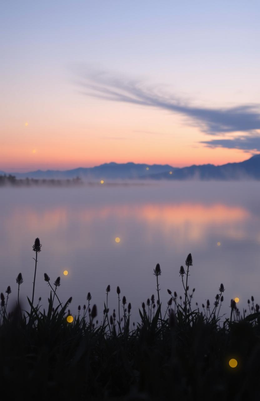 A serene, dreamlike landscape at dusk, where the horizon melts into soft pastel colors of pink, purple, and blue