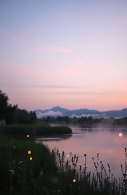 A serene, dreamlike landscape at dusk, where the horizon melts into soft pastel colors of pink, purple, and blue