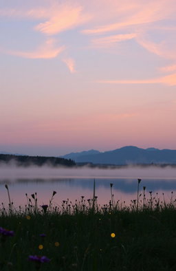 A serene, dreamlike landscape at dusk, where the horizon melts into soft pastel colors of pink, purple, and blue