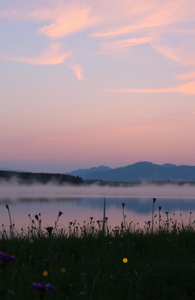A serene, dreamlike landscape at dusk, where the horizon melts into soft pastel colors of pink, purple, and blue