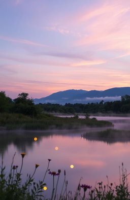 A serene, dreamlike landscape at dusk, where the horizon melts into soft pastel colors of pink, purple, and blue