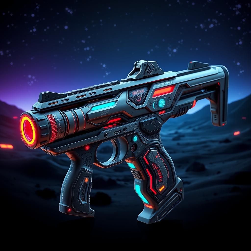 A futuristic weapon with a chalk barrel, featuring intricate designs and vibrant colors