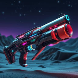 A futuristic weapon with a chalk barrel, featuring intricate designs and vibrant colors