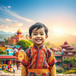 A child standing with a big smile in front of a vibrant landscape that blends all the colors and traditions he experienced during his travels