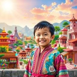 A child standing with a big smile in front of a vibrant landscape that blends all the colors and traditions he experienced during his travels