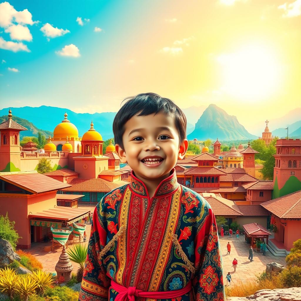 A child standing with a big smile in front of a vibrant landscape that blends all the colors and traditions he experienced during his travels