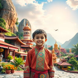 A child standing with a big smile in front of a vibrant landscape that blends all the colors and traditions he experienced during his travels