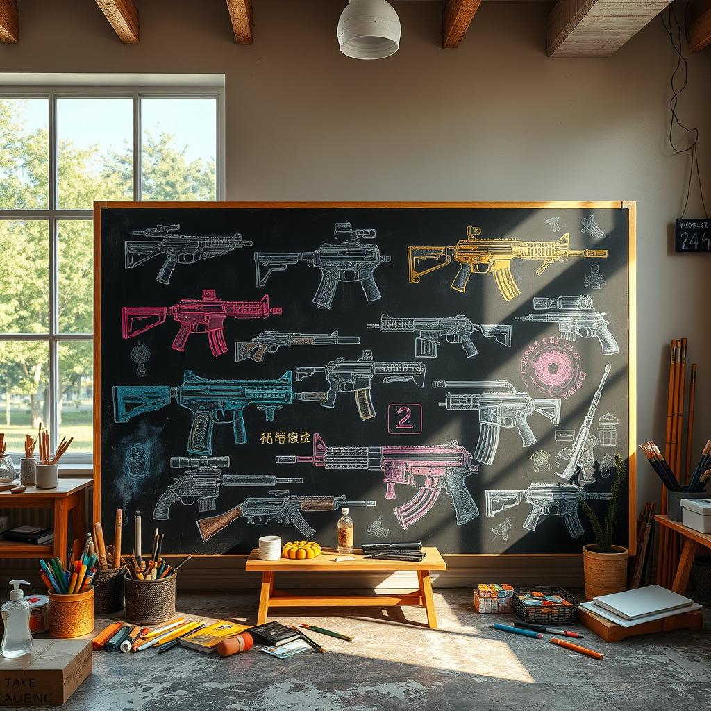 A creative scene featuring artistic and dynamic elements of chalk (گچ) and firearms (اسلحه)