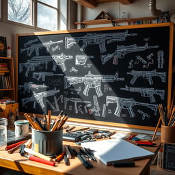 A creative scene featuring artistic and dynamic elements of chalk (گچ) and firearms (اسلحه)