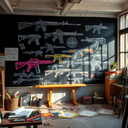 A creative scene featuring artistic and dynamic elements of chalk (گچ) and firearms (اسلحه)